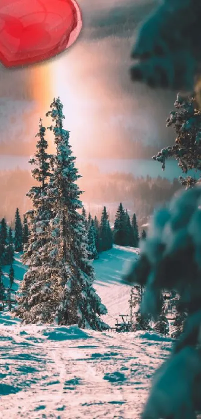 Romantic winter scene with a red heart in the sky and snowy trees.