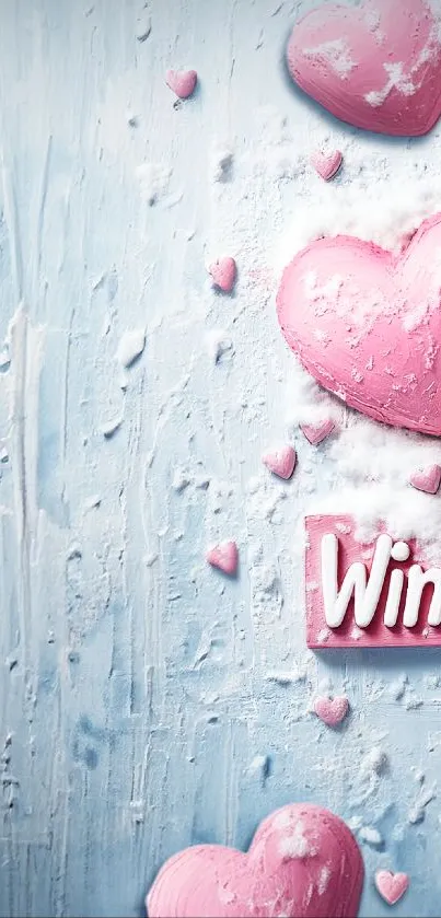 Winter pink heart wallpaper with snow and soft texture.