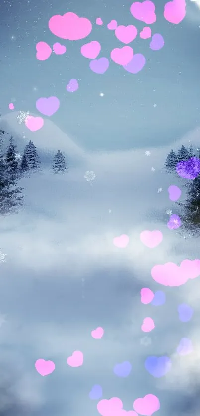 Snowy landscape with pink hearts floating in a winter wonderland.