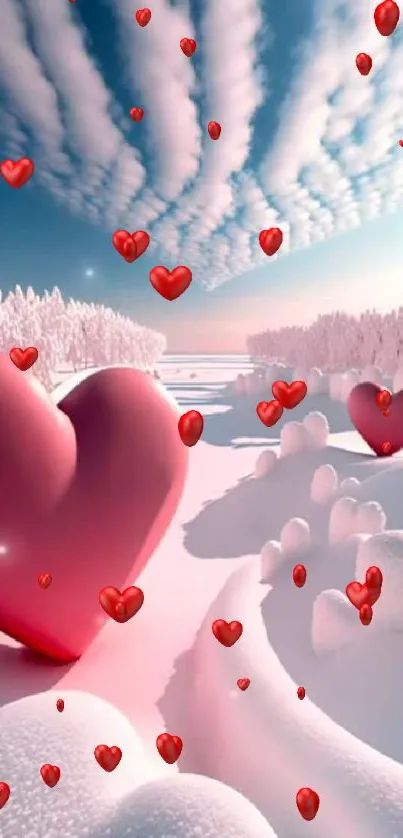 Romantic winter scene with large pink hearts and snow.