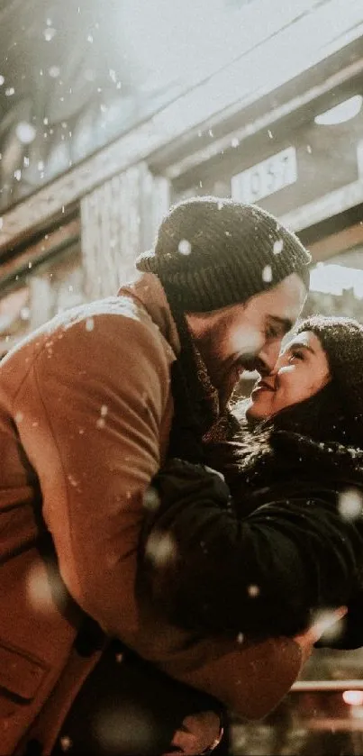 Couple sharing a kiss in a snowy winter scene outside a flower shop.