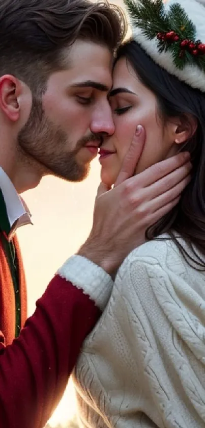 Romantic winter kiss under snowfall with festive attire.