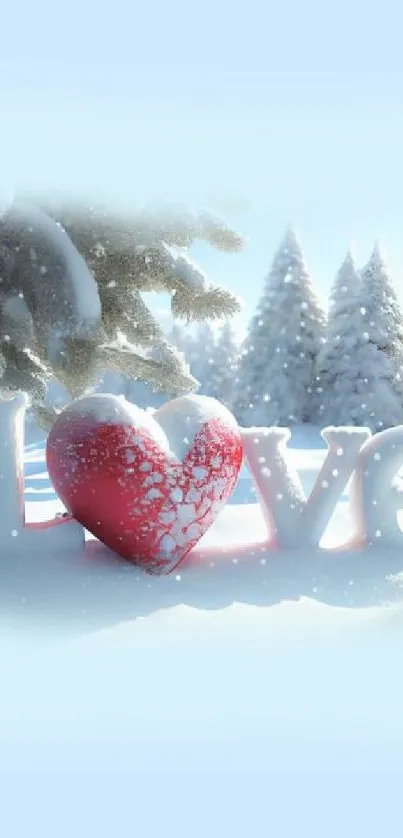 Romantic love and snow-covered forest wallpaper for mobile.