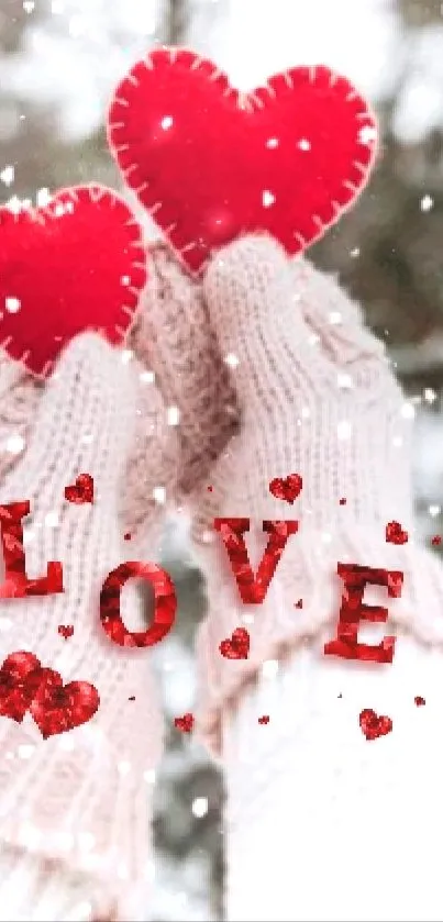 Hands in gloves holding red hearts in snowflakes.