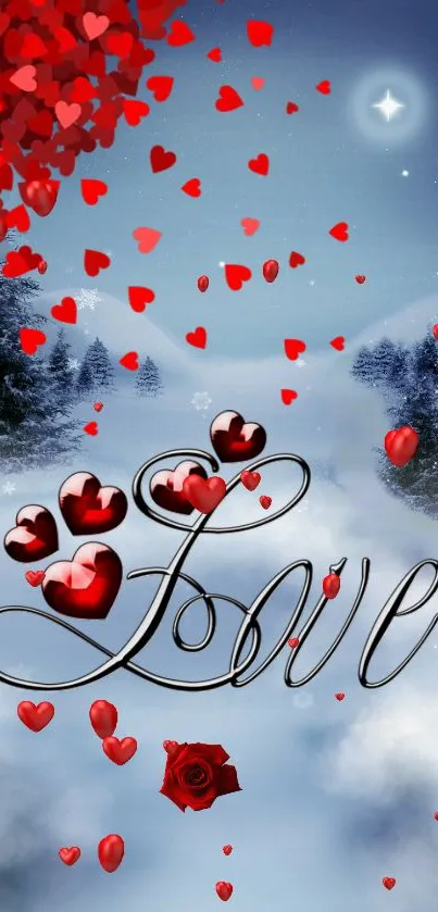 Romantic winter wallpaper with red hearts and snow.