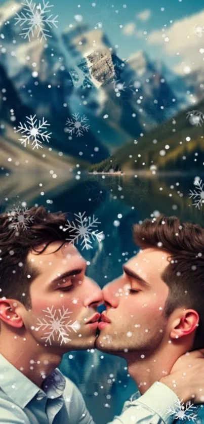 Romantic winter scene with a couple kissing by snowy mountains.