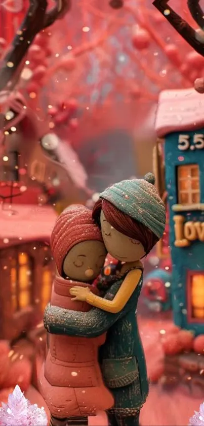 Romantic couple embraces in cozy winter village scene.