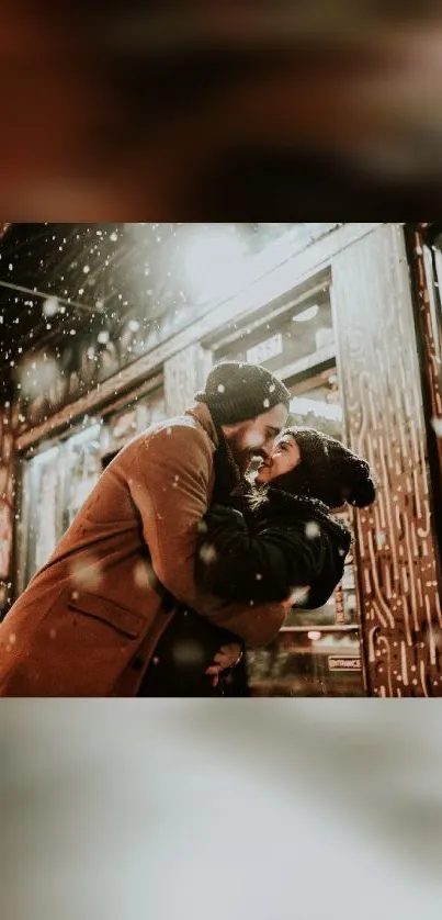 Couple embraces on snowy winter street.