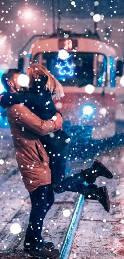 Couple embraces on snowy street with tram.