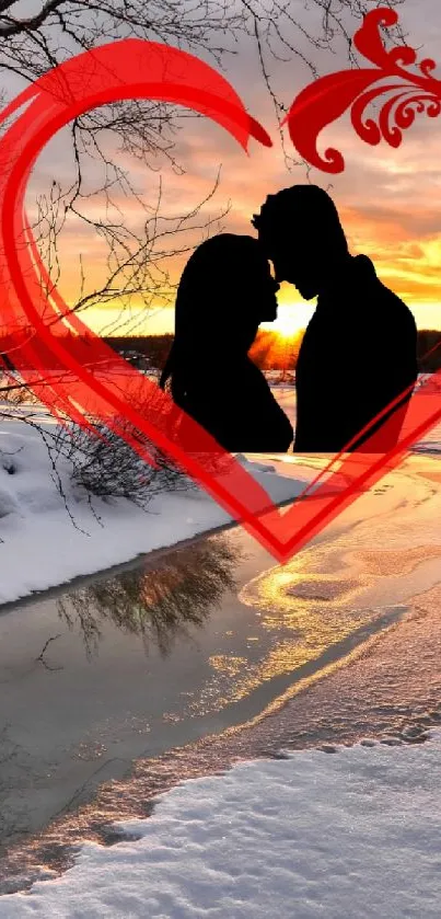 Silhouette couple with heart at sunset over snowy landscape.