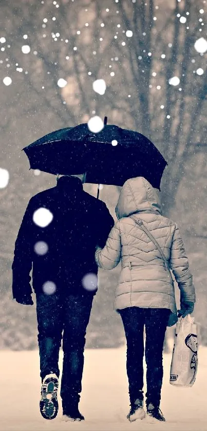 Couple walking under umbrella in snow.