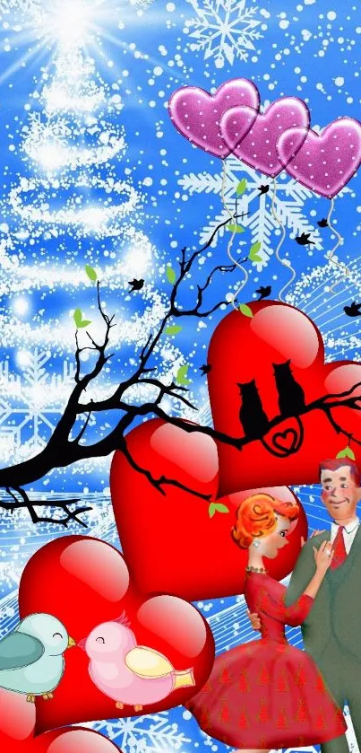 Romantic winter scene with hearts and snow.