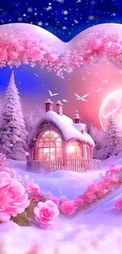 Romantic scene with heart-shaped rose frame and snow-covered cottage.