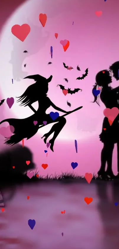 Romantic silhouette of a witch flying under pink moonlit sky.