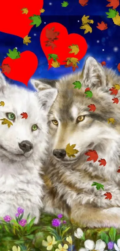 Romantic wolves under moonlit sky with hearts and flowers.