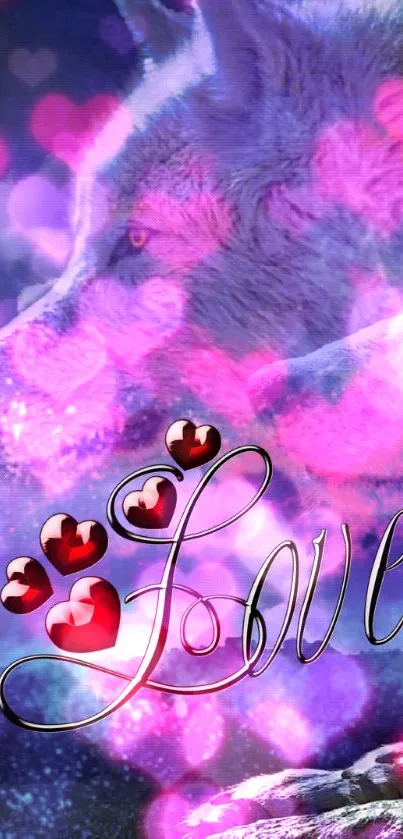 Romantic wolf wallpaper with hearts and 'Love' text in pink.