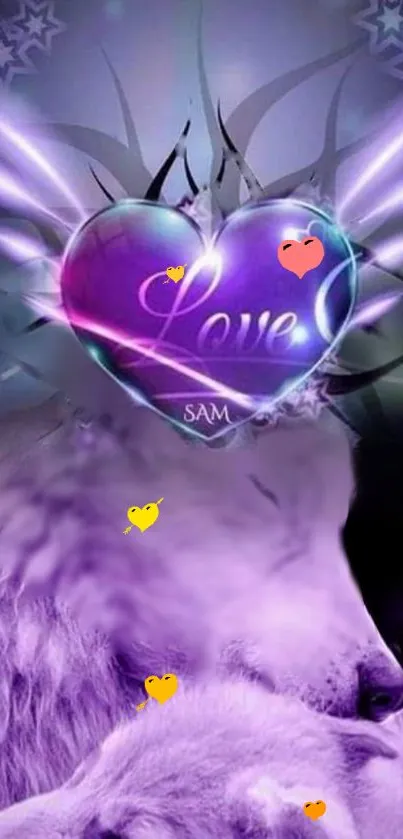 Purple-themed wolf love wallpaper with heart and mystical design.