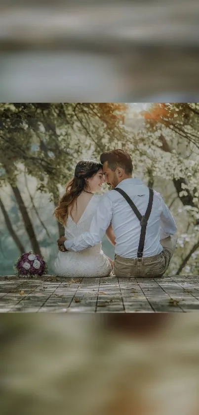 Romantic couple in a serene forest setting wallpaper.