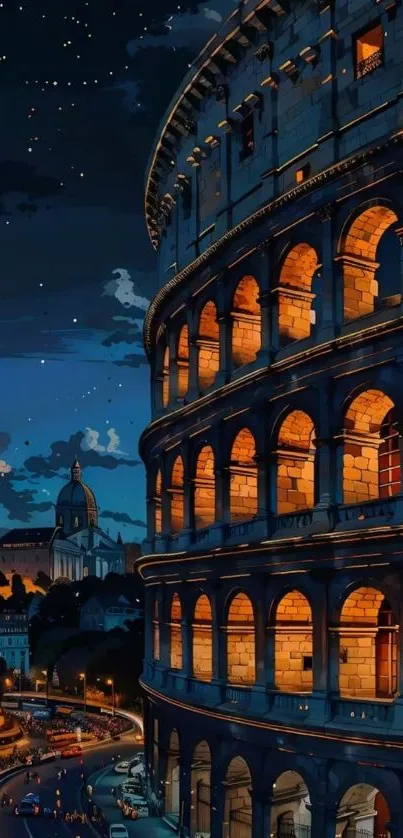 Digital artwork of Rome's Colosseum at night with starry sky.