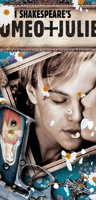 Romeo and Juliet wallpaper featuring a romantic scene with teal background.