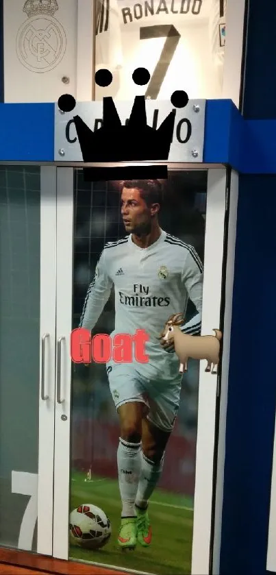 Ronaldo locker room art with crown and text GOAT.