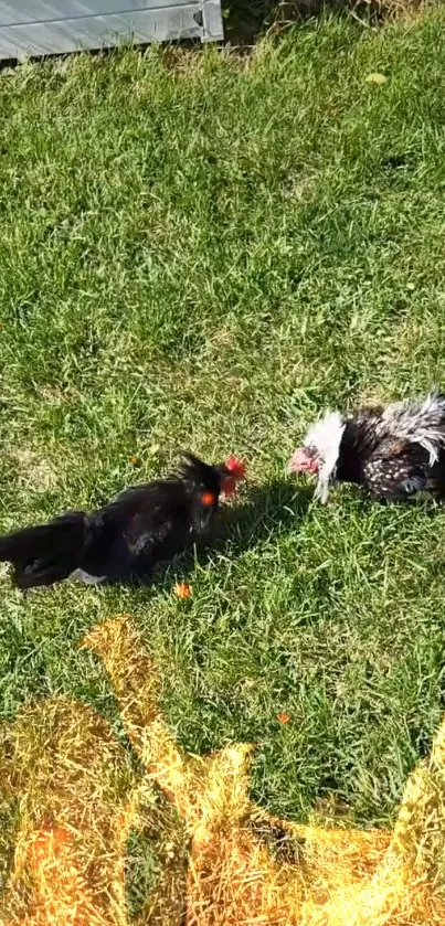 Two roosters engage in a lively showdown on a grassy field.