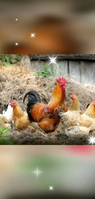 Rooster and hens in a farm setting with hay and wooden fence.