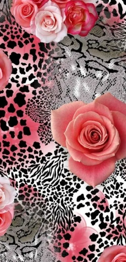 Mobile wallpaper with pink roses and animal print pattern.