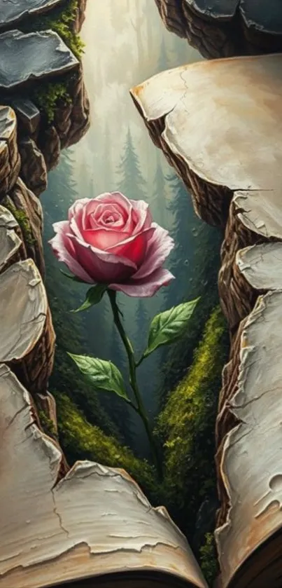 Mystical rose grows between open book pages in serene forest.