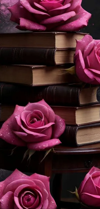 Pink roses with vintage books in artistic style.