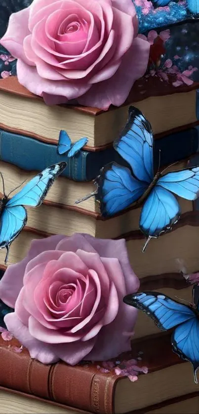 Artistic wallpaper with roses, books, and butterflies.