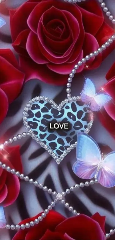 Romantic wallpaper with roses, butterflies, heart, and 'LOVE' text.
