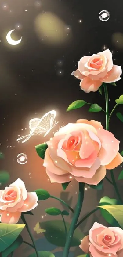 Moonlit night with roses and glowing butterfly on phone wallpaper.