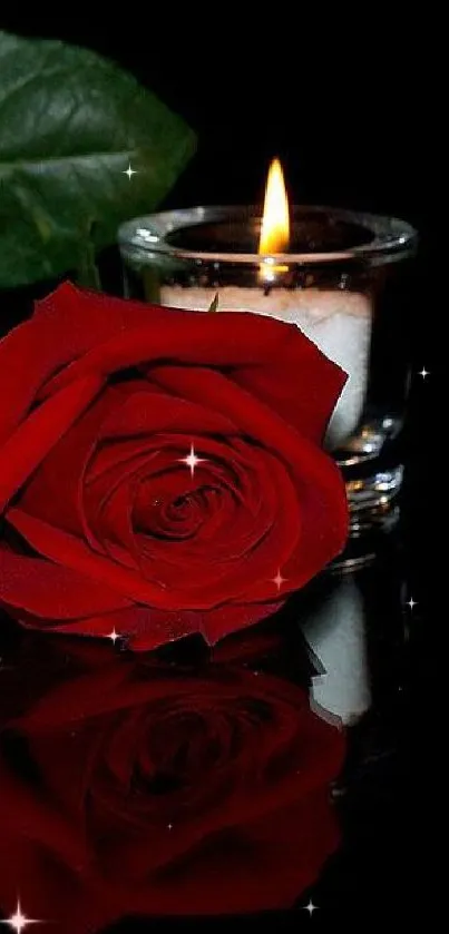 Red rose with glowing candles on a dark background.