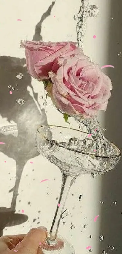 Delicate pink rose in glass with water splash art wallpaper.