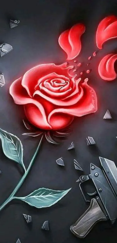 Red rose with shattered glass and gun design wallpaper.