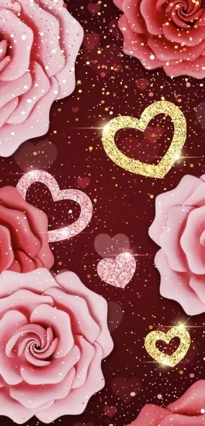 Mobile wallpaper with pink roses and glittering hearts on a red background.