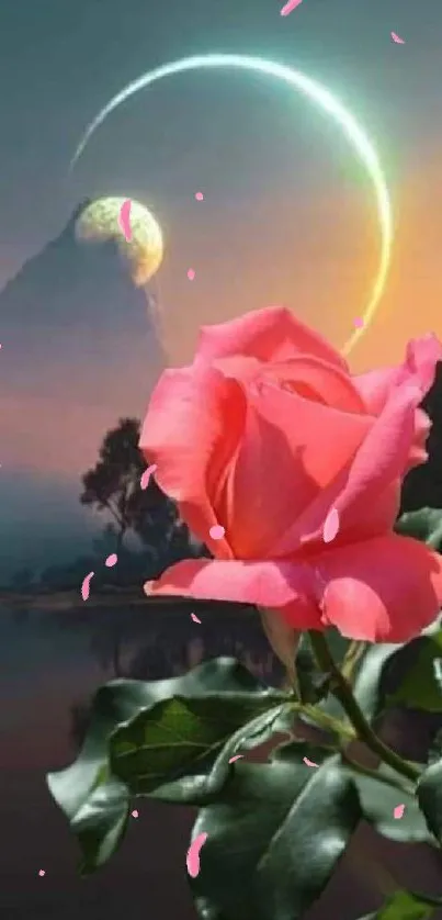 Pink rose with moonlit landscape mobile wallpaper.