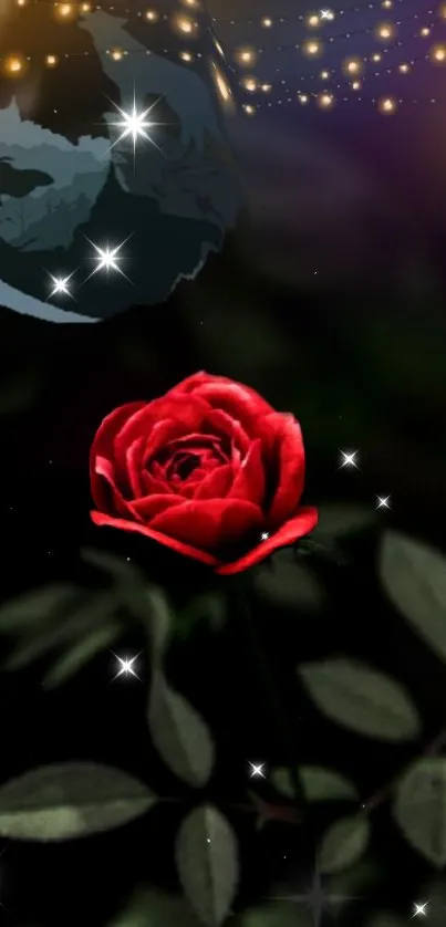 Red rose with a globe and stars in a mystical night sky background.