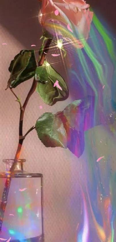 Pink rose in vase with prismatic light effect mobile wallpaper.