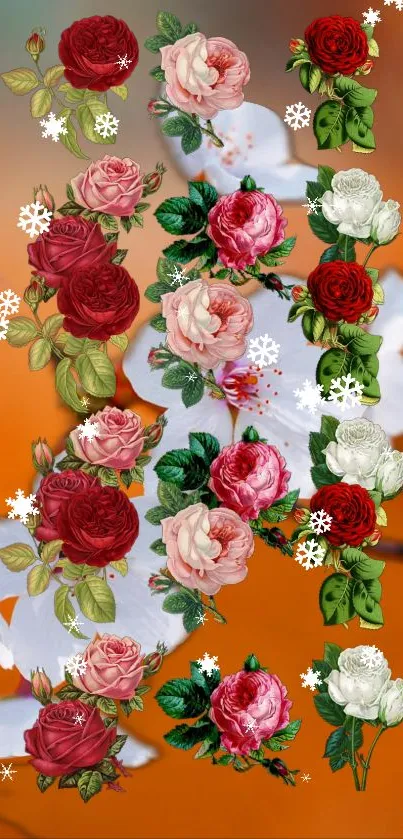 Floral wallpaper with roses and snowflakes on an orange background.