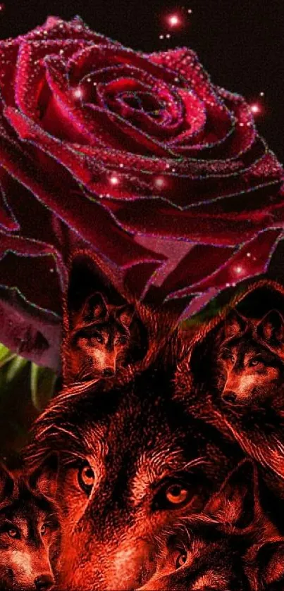 Red rose with mystical wolves on a dark background.