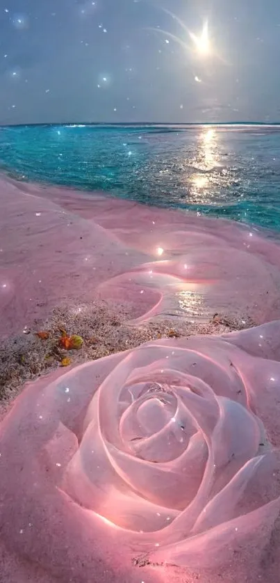 Moonlit beach scene with rose-shaped sand.