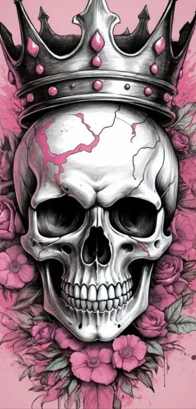 Gothic skull with crown and roses on pink.