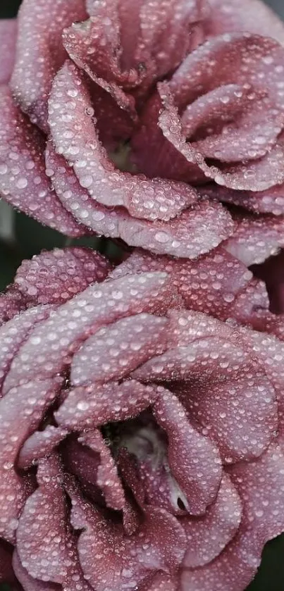 Dew-covered pink roses, close-up view.