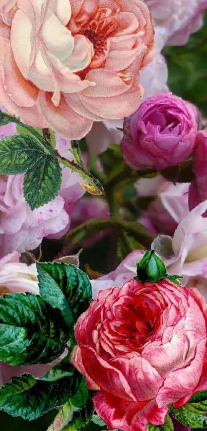 Vibrant pink and red roses in a lush floral wallpaper.