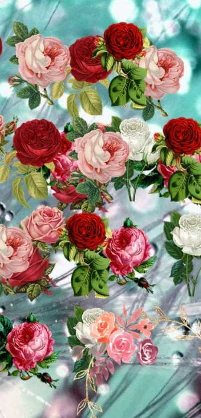 Beautiful rose garden wallpaper with red, pink, and white roses on a turquoise background.