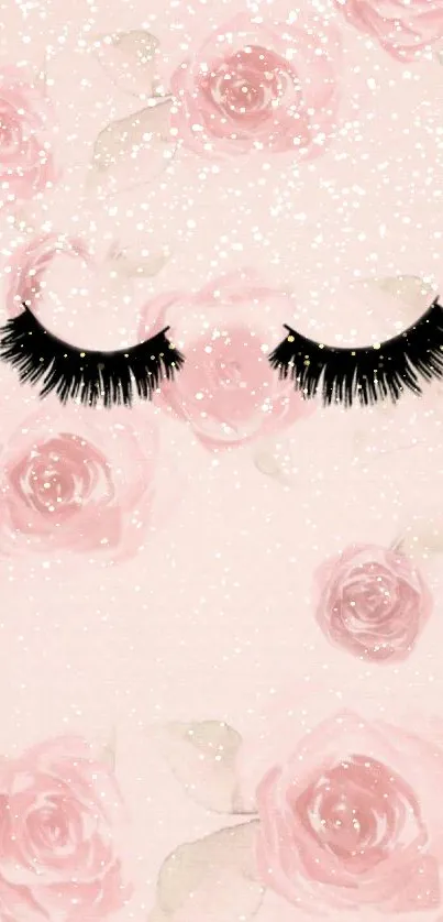 Pink rose wallpaper with glitter and eyelashes.