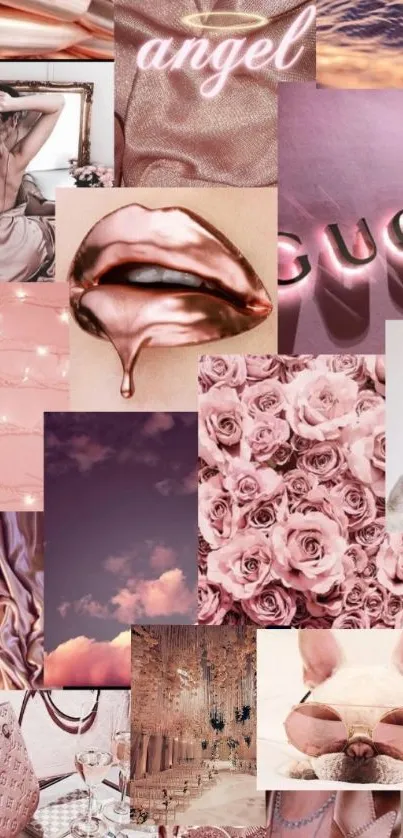 Rose gold collage wallpaper with elegant aesthetic elements.