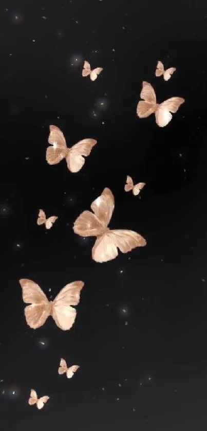 Rose gold butterflies on black background, elegant phone wallpaper.